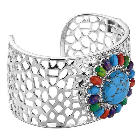 Mojave Multi Color Turquoise Gemstone Cuff Bracelet in Platinum Bond NWT - Picture 2 of 7